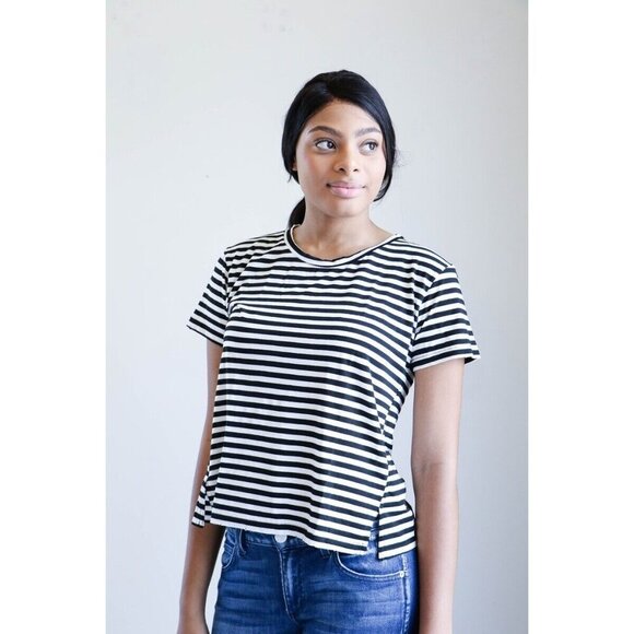 AMO Large Black White Twist Tee Seaton Stripe Distressed Cotton Blend - Picture 1 of 10